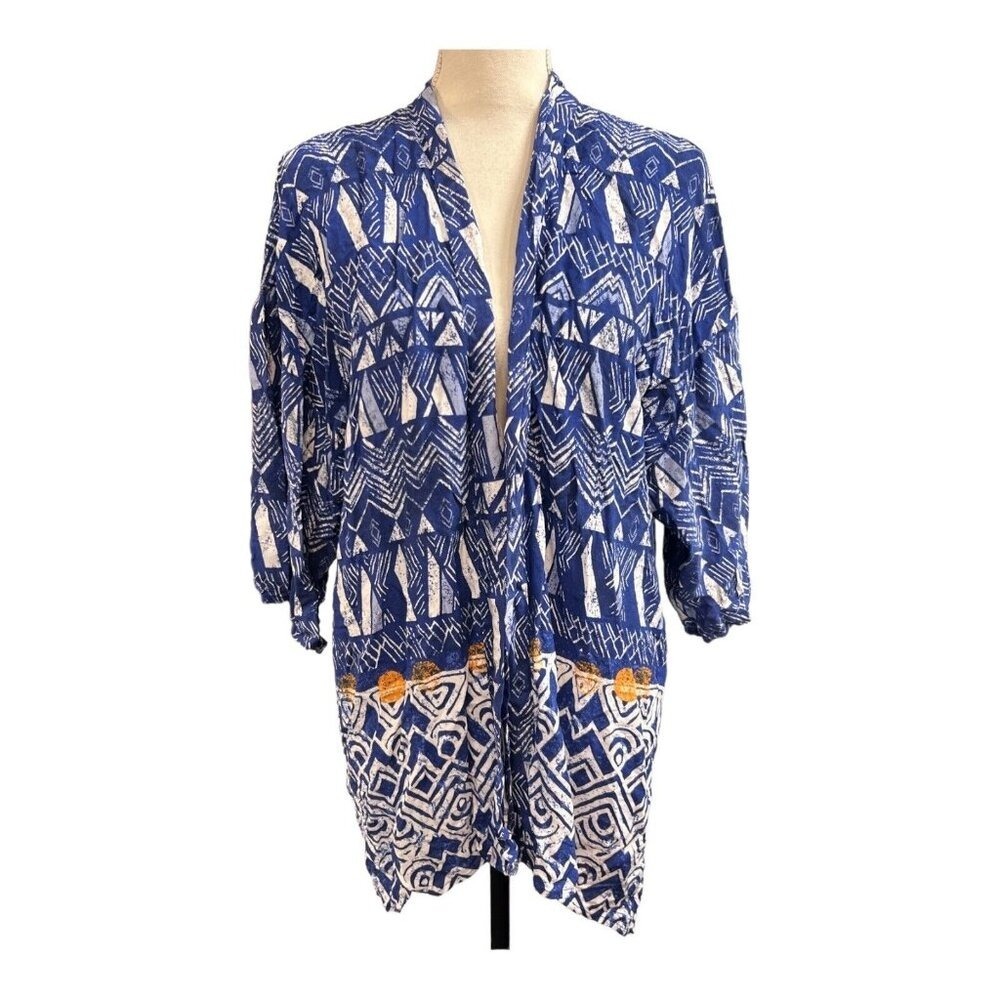 Knox Rose Kimono Womens XS/S Blue White Geometric Aztec Lightweight‎ Open Front